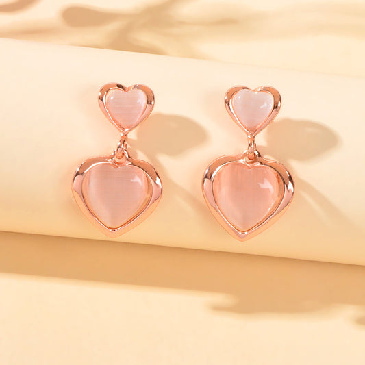 Girlfriend Birthday Gift Elegant Rose Gold Pink Opal Love Heart Dangle Earrings