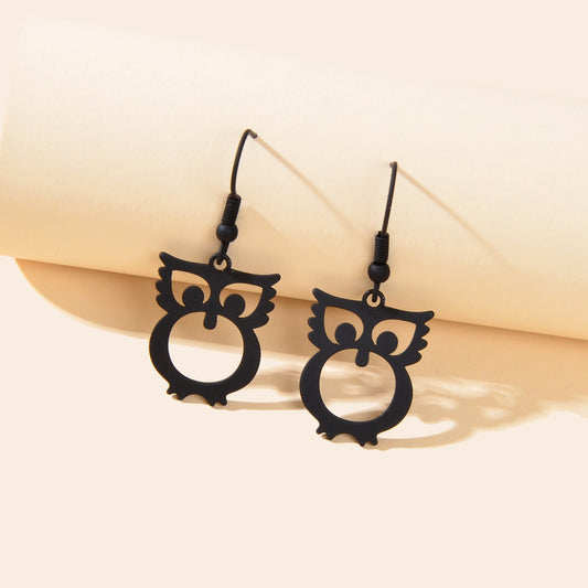 Black Hollow out Minimalist Cute Owl Dangle Hook Earrings Animal Pendant Jewelry