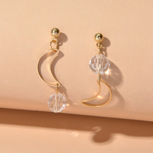 Minimalist Gold Metal Moon Star Transparent Beads Asymmetric Pierced Earrings