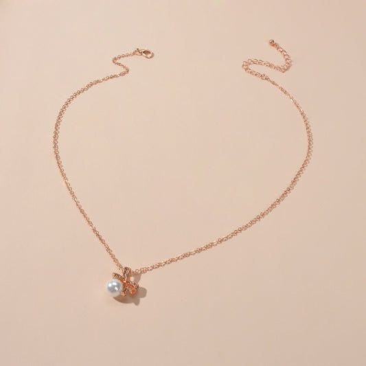 Anniversary Wedding Jewellery Rhinestone Rosegold Chain Pearl Bowknot Necklace