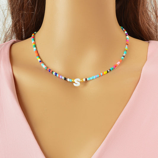 Bohemian Chic Colourful Seed Beads Chain Resin Letter Charm Necklace for Holiday