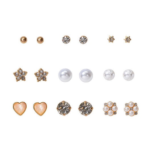 9 pairs Ladies Jewellery Shining Rhinestone Pearl Flower Heart Stud Earrings Set