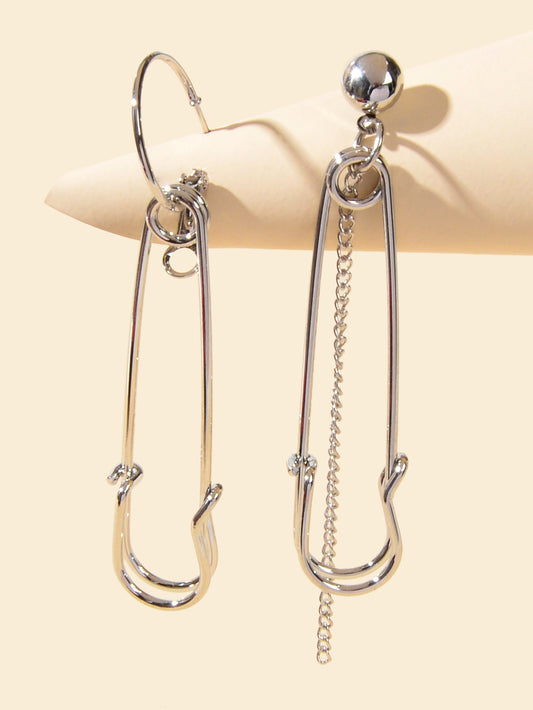 Asymmetric Punk Hip Hop Gold Silver Chain Pin Shape Hoop Stud Statement Earrings