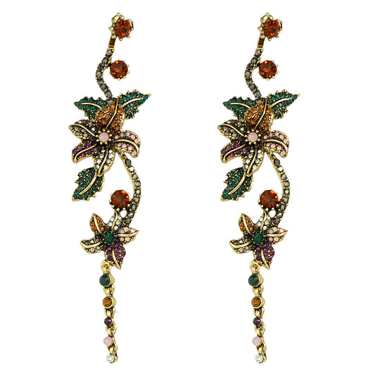 Vintage Luxurious Colourful Rhinestone Antique Gold Flower Long Pendant Earrings