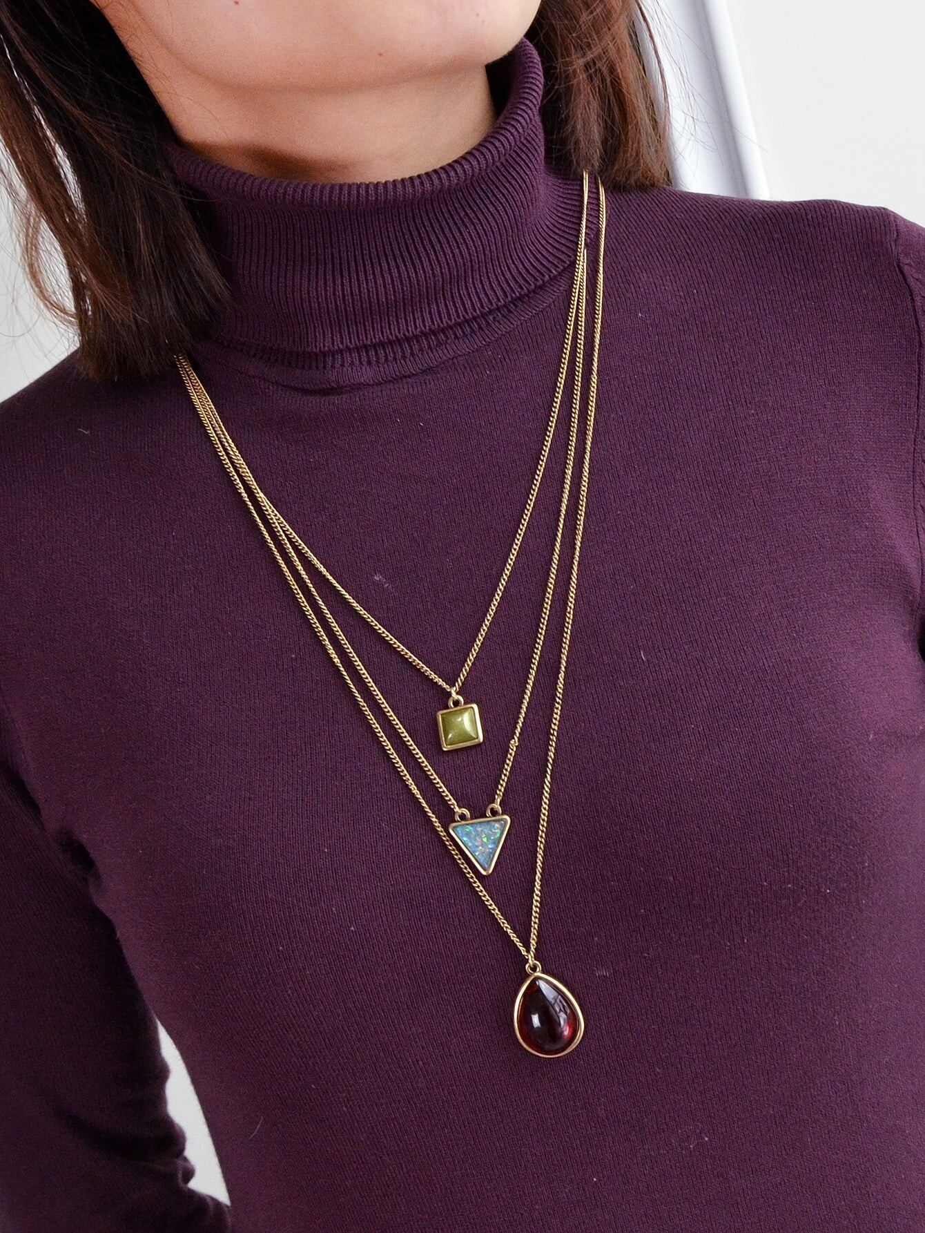 Bohemian Jewelry 3pcs Gold Chain Resin Square Triangle Water Drop Charm Necklace