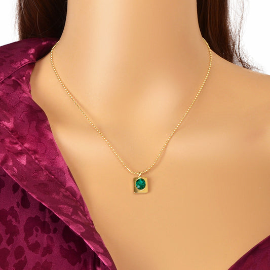 Trendy Gold Popcorn Chain Dainty Green Imitation Gem Square Pendant Necklace