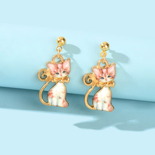 Pink Enamel Aesthetic Funny Cartoon Kitten Drop Dangling Cat Animal Earrings