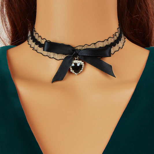 Retro Black Bow Heart Charm Elastic Lace Choker Collar Necklace Dinner Jewellery