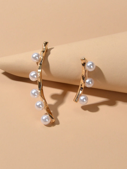 Anniversary Jewellery Pearl Decor Gold Strip Asymmetric Pierced Stud Earrings