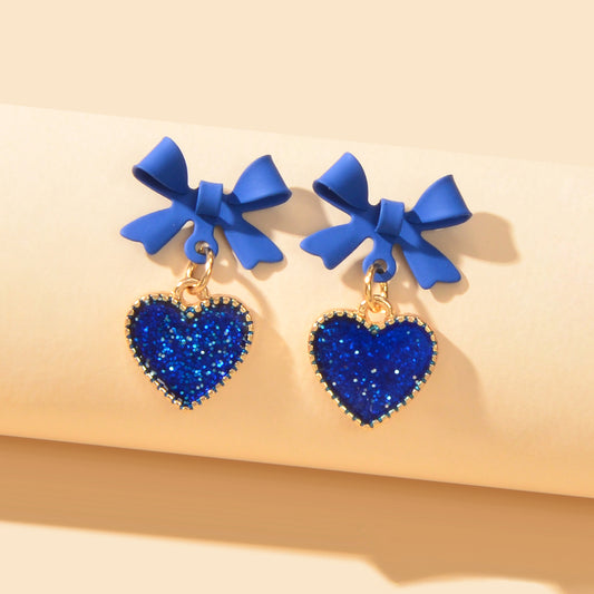 Romantic Blue Bow Heart Dangle Earrings Valentine's Day Love Girl Gift Jewellery