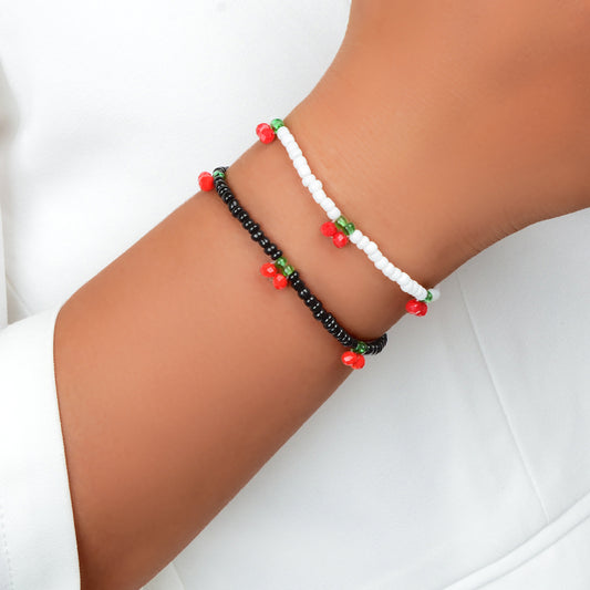 Boho 2 pcs Stackable White Black Seed Beads Stretch Elastic Red Cherry Bracelets