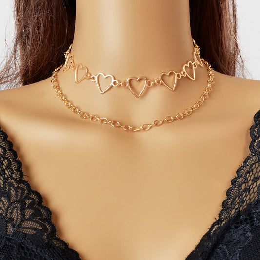 2pcs Gold Hollow out Heart Double layer Chain Clavicle Necklace Trendy Jewellery