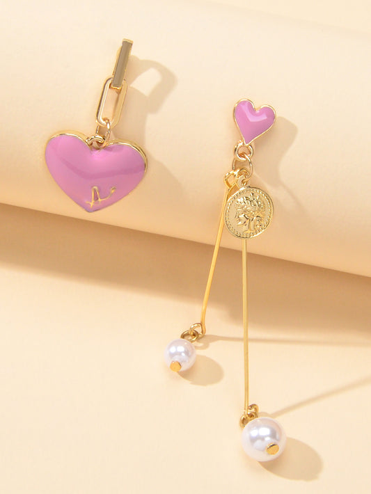Valentine's Day Jewellery Pearl Cion Charm Pink Enamel Heart Asymmetric Earrings