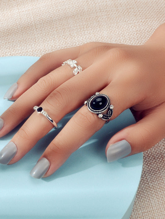 3 pcs Vintage Antique Leaf Geometric Multiple Stackable Punk Finger Rings Set