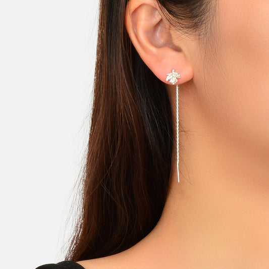 Minimalist Silver Tassel Maple Leaf Long Chain Threader Dangle Earrings Ear Line