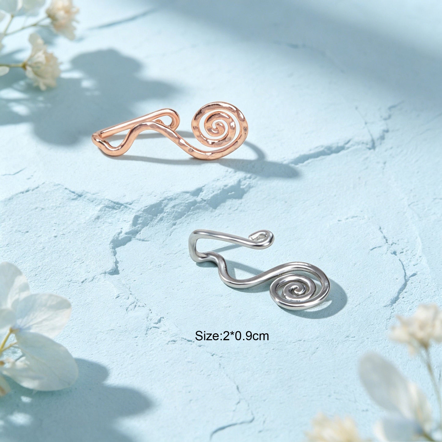 2 pcs Rose Gold Silver Spiral Ear Cuff Simple Irregular Metal Geometric Ear Clip