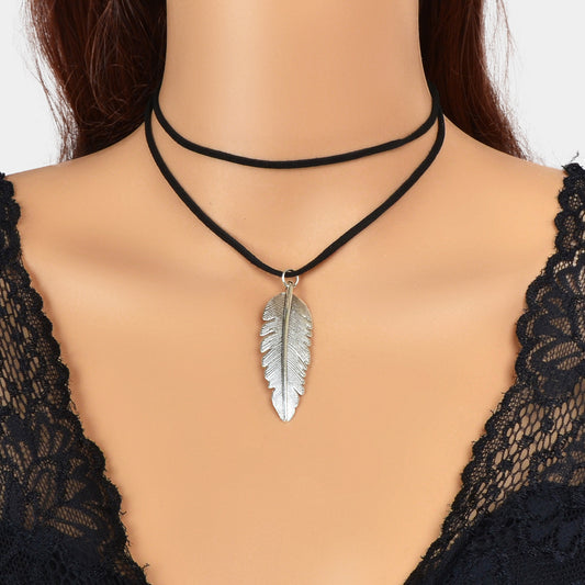 Double Layer Black Choker Silver Feather Charm Necklaces Gothic Women Collar