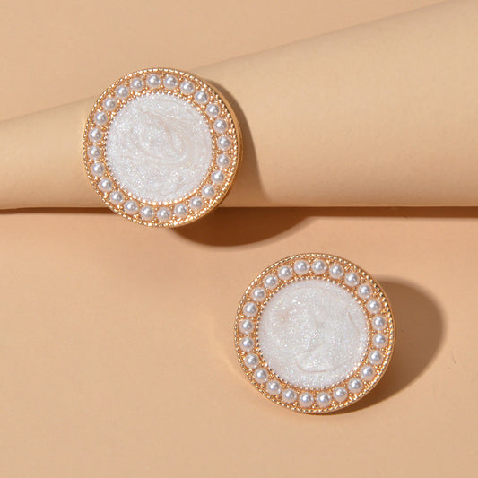 Elegant Pearl Decor Black Enamel Round Stud Earrings Women Dinner Party Jewelry