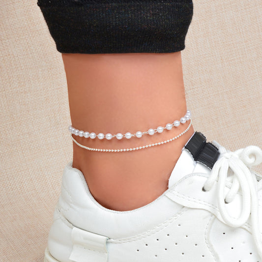 Double layer Silver Popcorn Chain Pearl Adjustable Anklet Beach Foot Jewellery