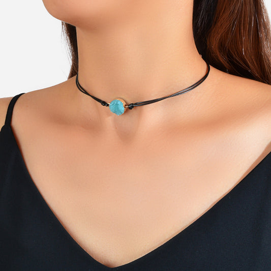 Boho Chic 90s Round Resin Black Pu Leather Grunge Collar Tattoo Choker Necklace