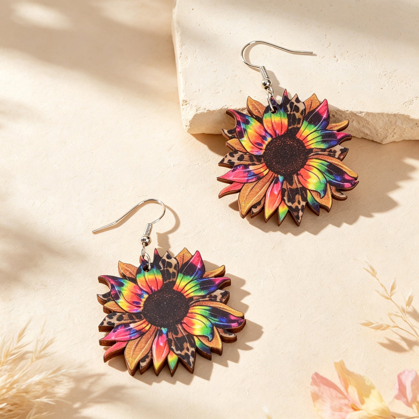 Boho Colorful Sunflower Wooden Dangle Earrings Beach Vacation Party Photoshoot Jewelry