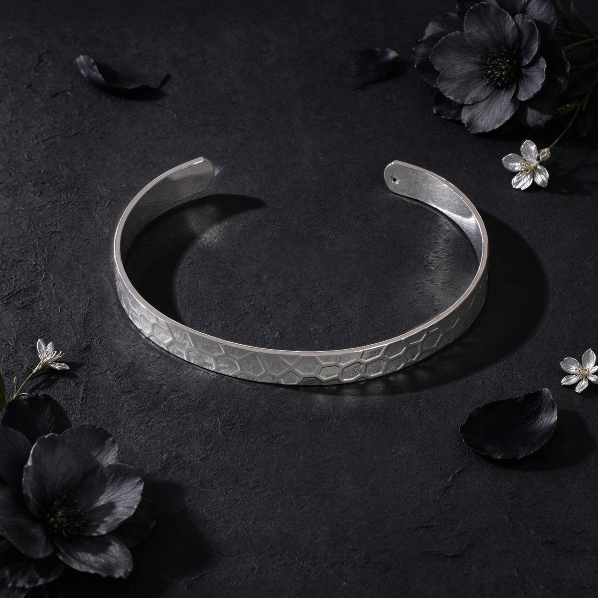 Punk Silver Geometric Hammered Texture Open Cuff Bangle Simple Trendy Jewellery