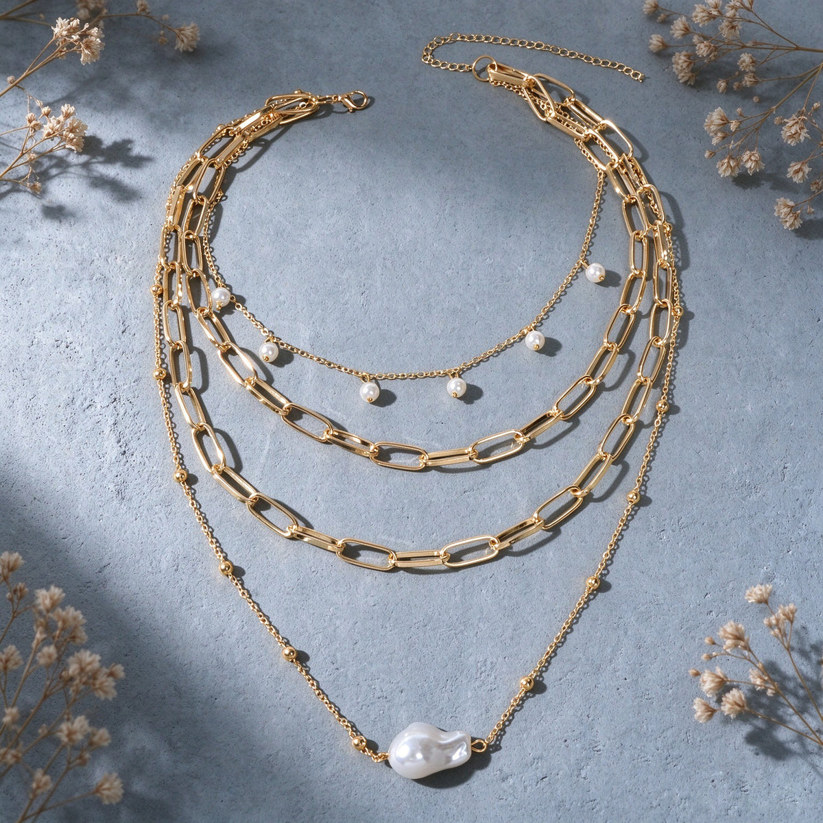 Trendy Multi Layered Gold Chain Irregular Baroque Imitation Pearl Charm Necklace