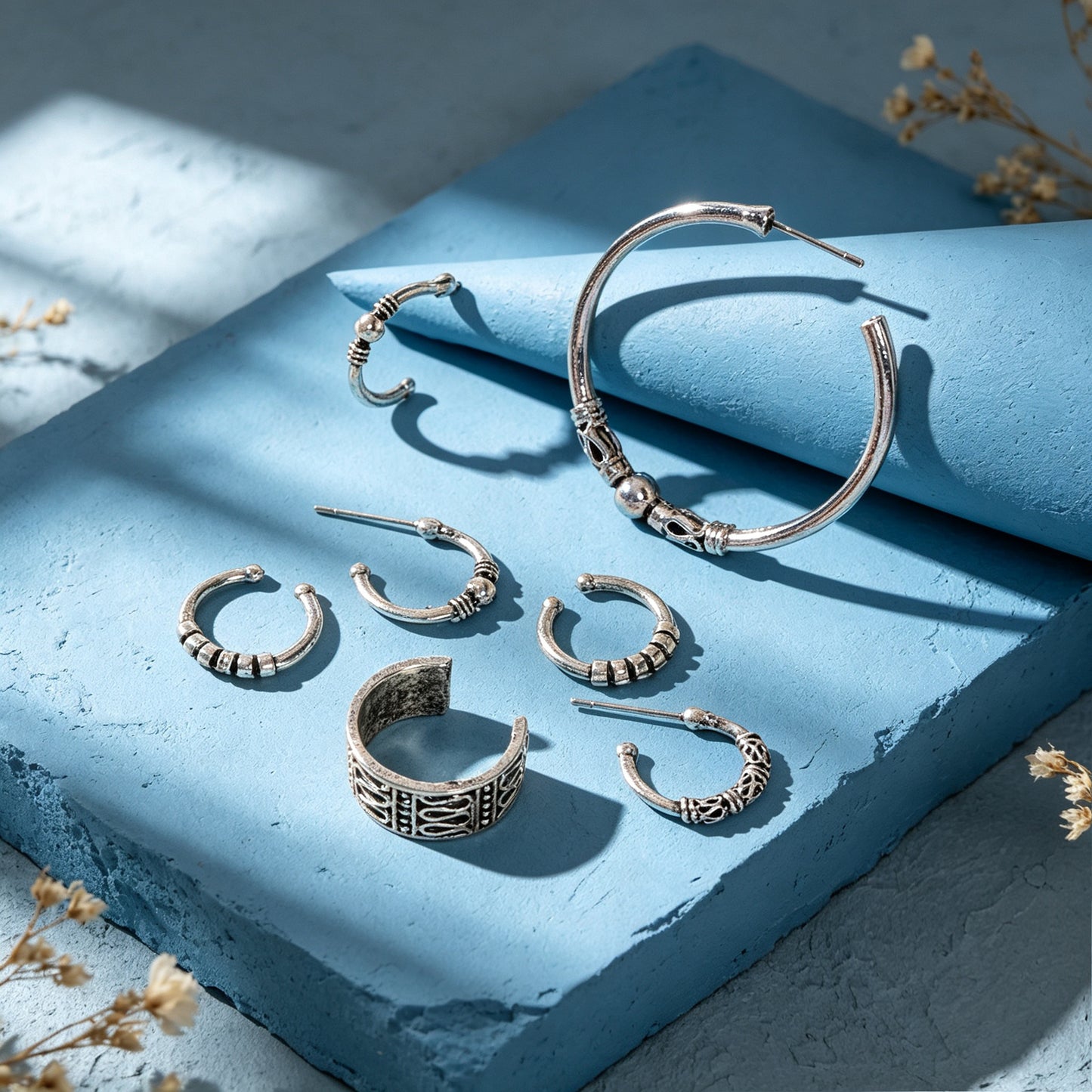 7pcs Vintage Punk Hoop Earrings Antique Silver Street style C‑Shaped Ear Cuff