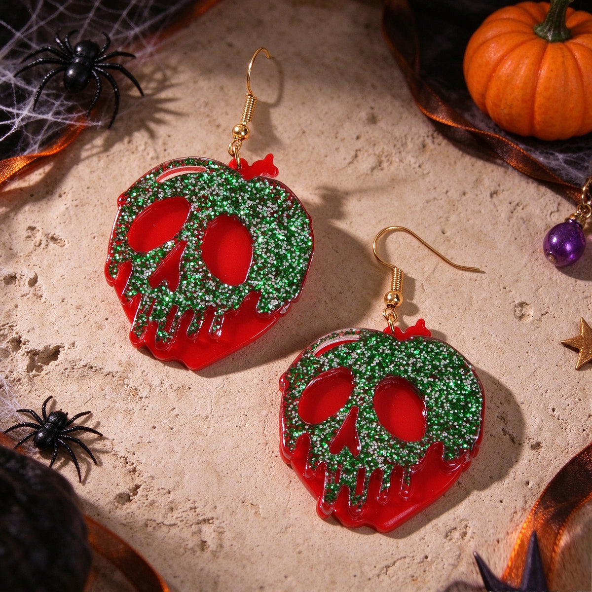 Halloween Gothic Red Green Glitter Skull Dangle Hook Earrings Cosplay Jewellery