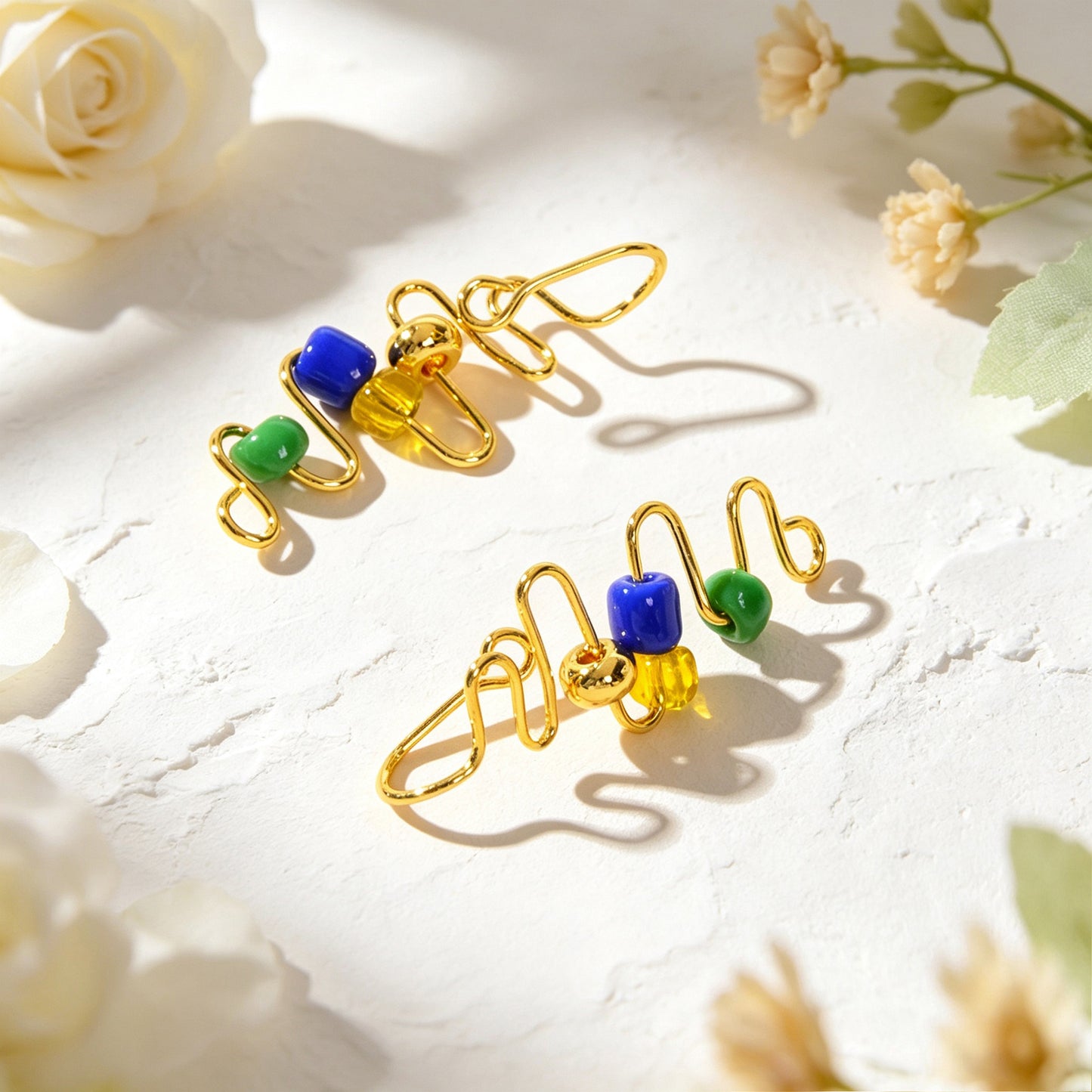 2pcs Wavy Gold Ear Cuff No Piercing Summer Rainbow Bead Ear Wrap Clip On Earring