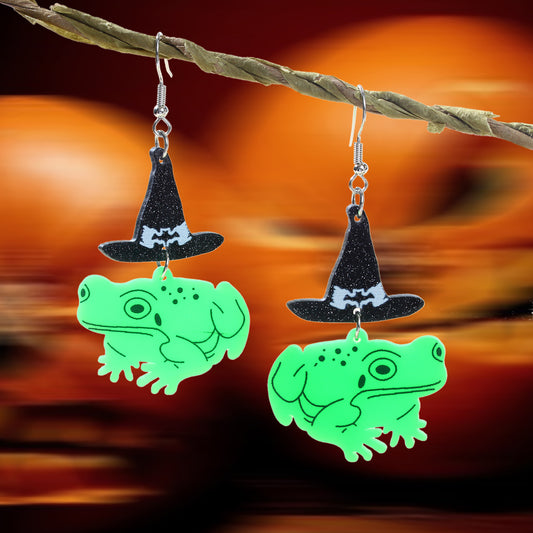 Punk Style Halloween Jewelry Black Wizard Hat Green Frog Acrylic Dangle Earrings