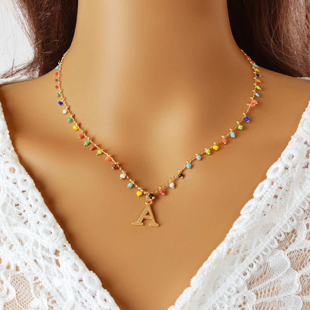 Bohemian Colorful Seed Beads Charm Chain Letter D Pendant Necklace Accessories