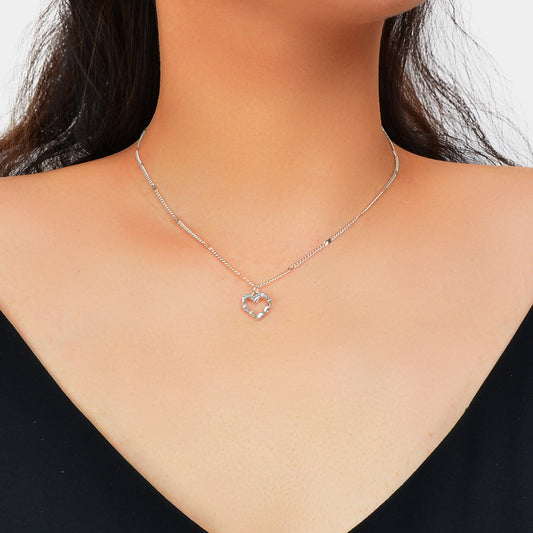 Women Dainty Gifts Silver Chain Rhinestone Heart Charm Necklace Delicate Jewelry