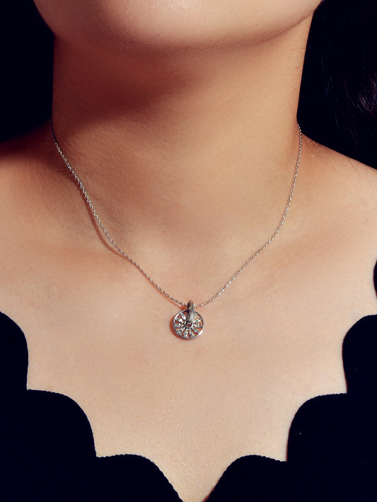 Textured Jewellery Rhinestone Decor Silver Chain Round Wheel Charm Girl Necklace