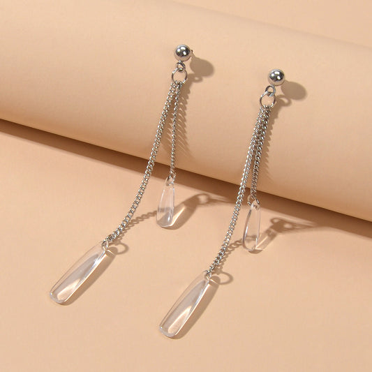 Long Silver Chain Acrylic Water Drop Pendant Earrings Ladies Party Jewellery