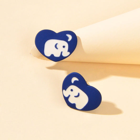 Sweet White Elephant Blue Heart Hypoallergenic Stud Earrings Women Birthday Gift
