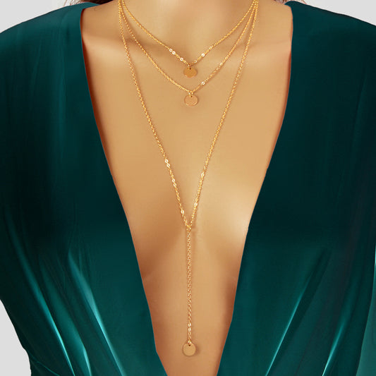 Boho Chic Multi-layer Gold Silver Chain Disc Pendant Long Lariat Y Drop Necklace