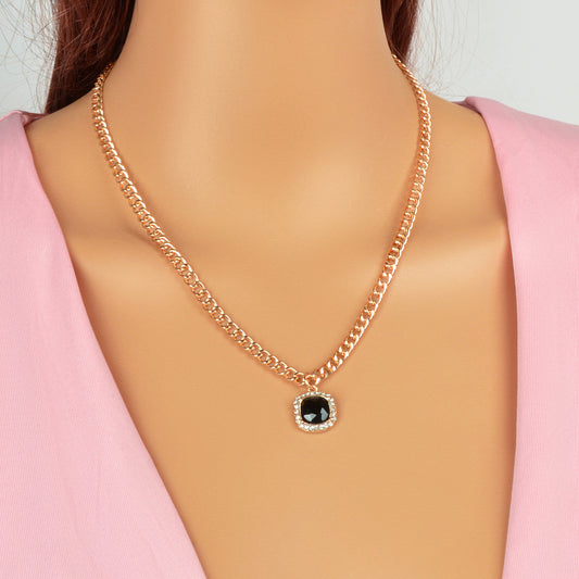 Exquisite Gold Chain Rhinestone Decor Black Square Pendant Women Dinner Necklace