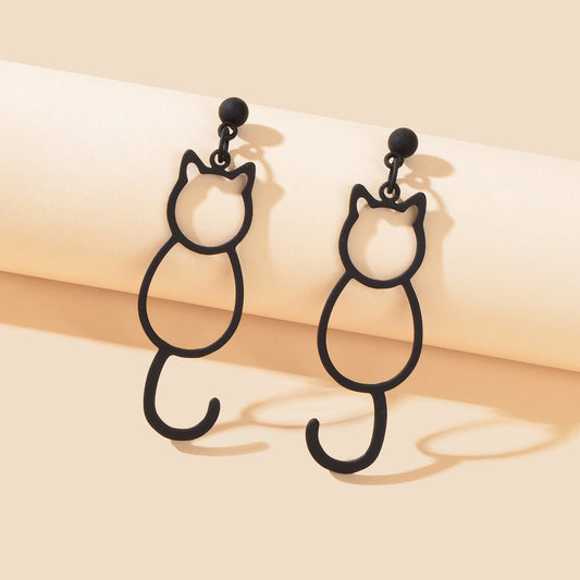 Minimalist Accessories Cartoon Design Hollow Black Cat Dangle Stud Cool Earrings