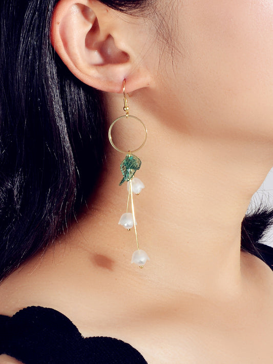 Charming Pearl Green Hotpink Resin Leaf Charm Gold Circle Dangle Women Earrings