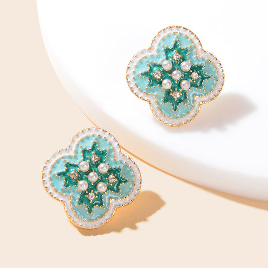 Exquisite Rhinestone and Pearl Decor Green Enamel Flower Stud Earrings for Women