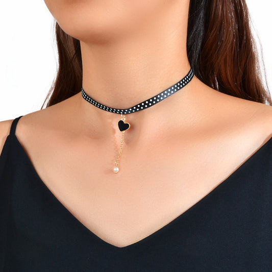 Retro 90s Dots Black Ribbon Collar Tattoo Choker Heart Charm Gold Chain Necklace