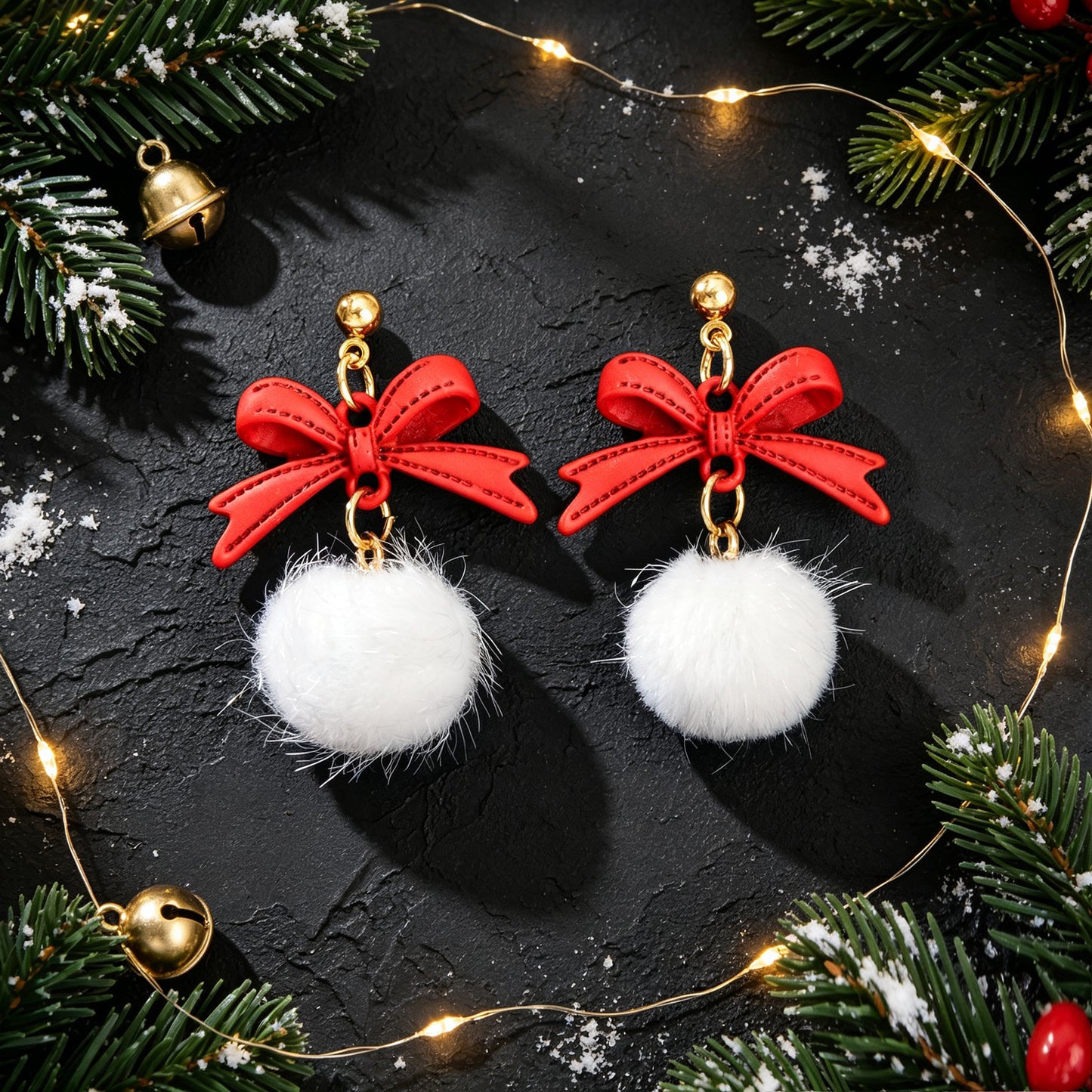 Christmas New Year Red Bow White Furry Ball Earrings Cute Party Jewellery Gift