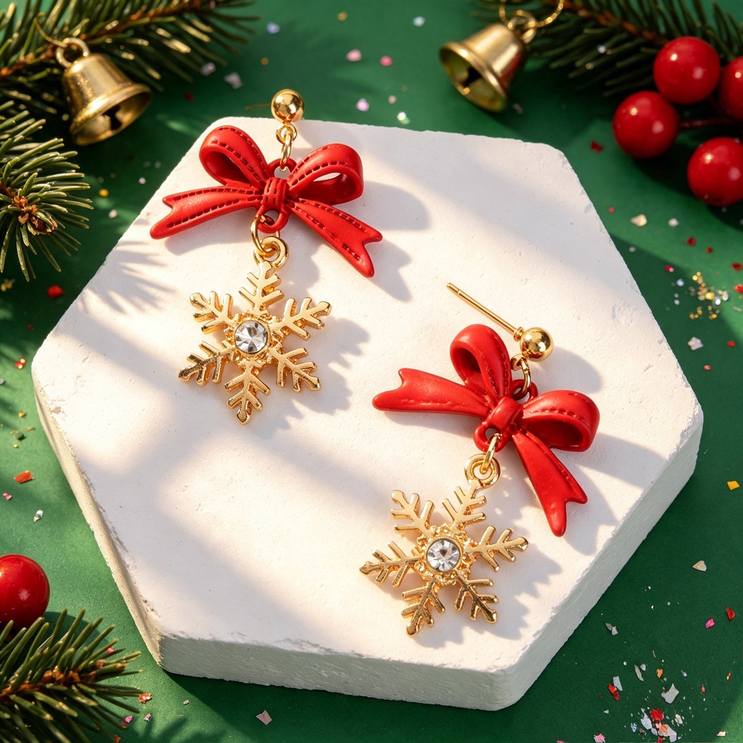 Christmas Sweet Red Bow Gold Snowflake Dangle Earring Xmas Holiday Party Jewelry