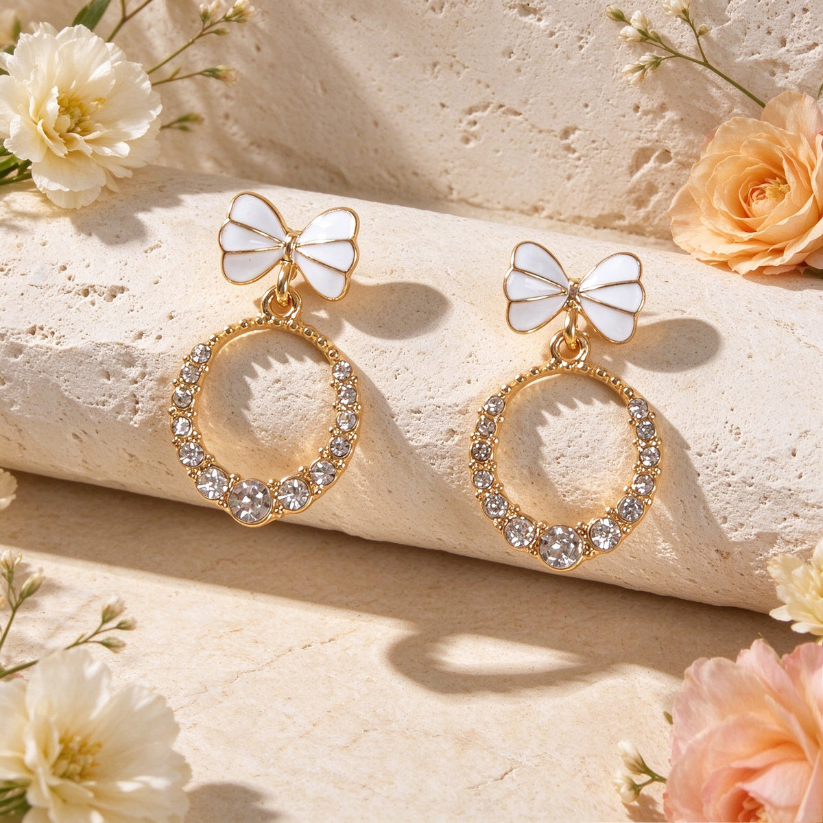 Sweet White Bow Sparkling Faux Crystal Circle Drop Earrings Elegant Jewelry Gift