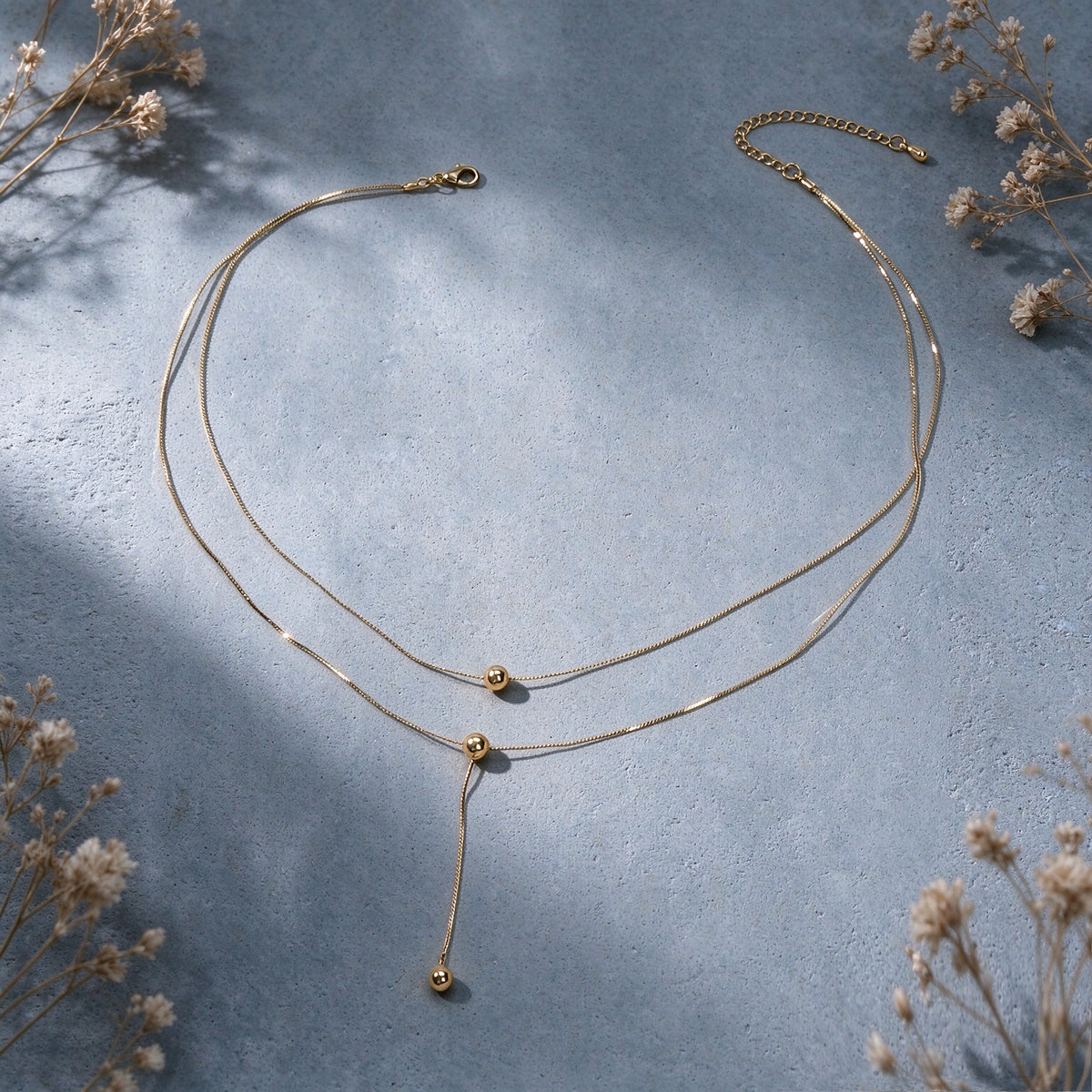 Dainty Layered Gold Y Adjustable Ball Bead Minimalist Chic Snake Chain Necklace