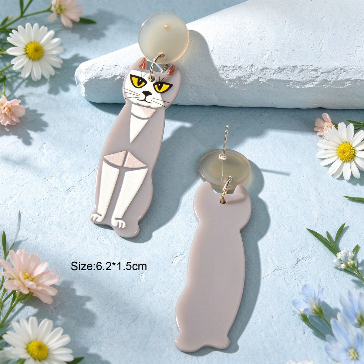 Novelty Long Grey Cat Acrylic Dangle Earrings Gothic Retro Unique Animal Jewelry