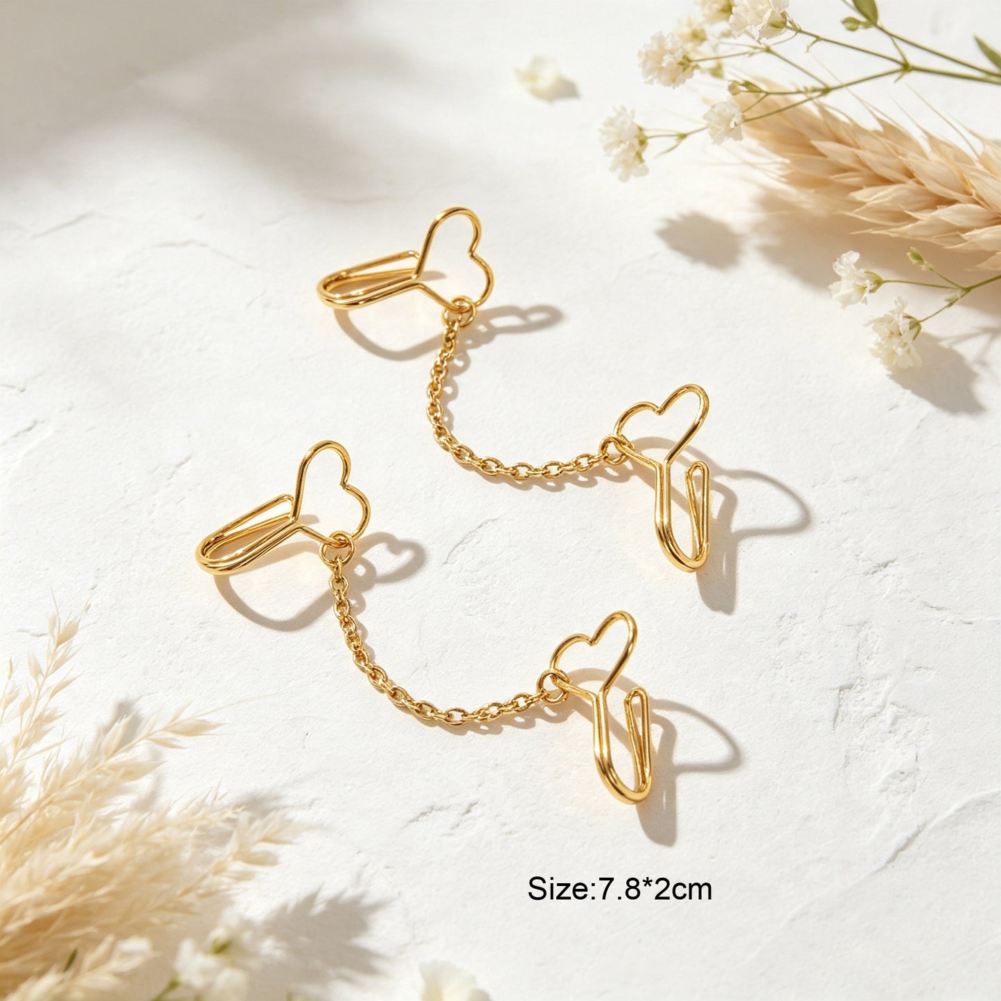 2pcs Heart Chain Linked Ear Cuff Punk Street Gold Non-Pierced Cartilage Ear Clip