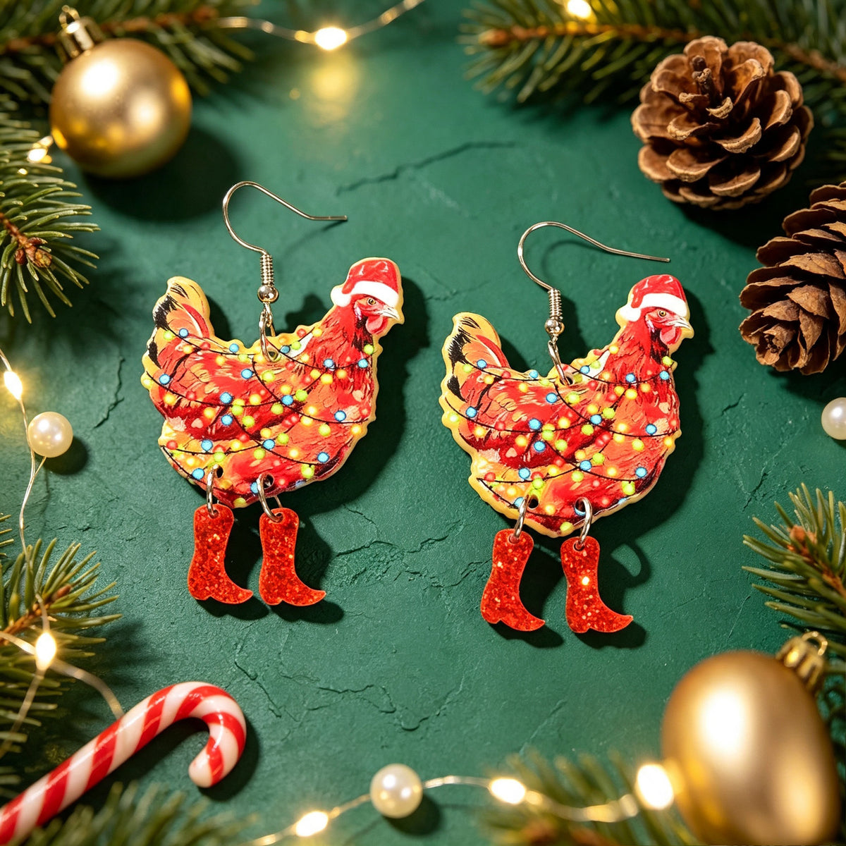 Christmas Chicken Dangle Earrings Santa Hat Red Boots Colorful Light Decor Funny Animal Jewelry