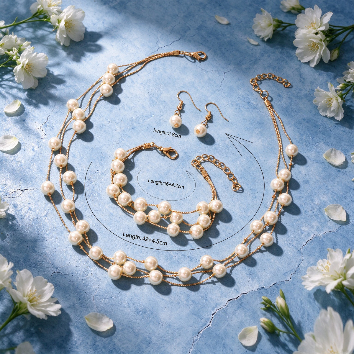 Wedding Party Set Layered Gold Chain Imitation Pearl Necklace Bracelet Earrings